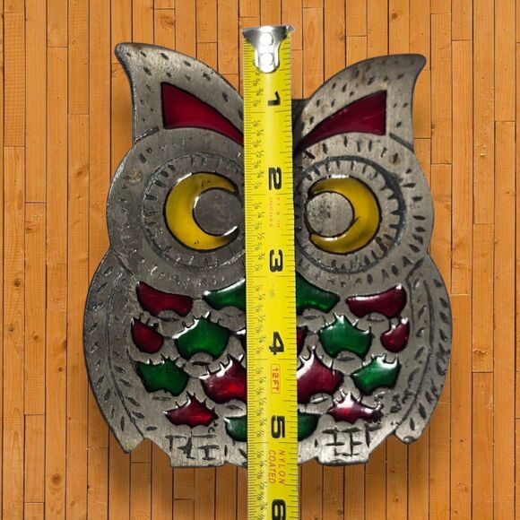 Set of 2 Vintage Cast Iron Owl Trivets Stained Glass Style Red Green Yellow MCM - Picture 6 of 6